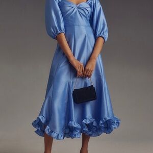 Anthropologie-Hutch Printed Twist-Front Puf Sleeve Ruffle Hem Midi Dress